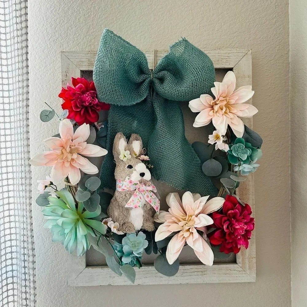 Easter Bunny Spring Farmhouse Floral Rustic Wooden Wreath Wall Decor